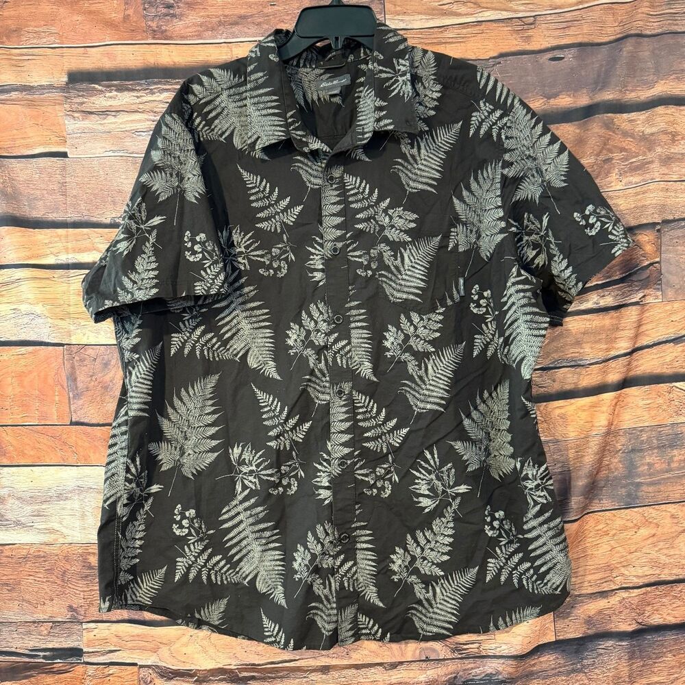 Eddie Bauer Casual Button-Up Men's Charcoal Grey 2XL Cotton Fern Short Sleeve